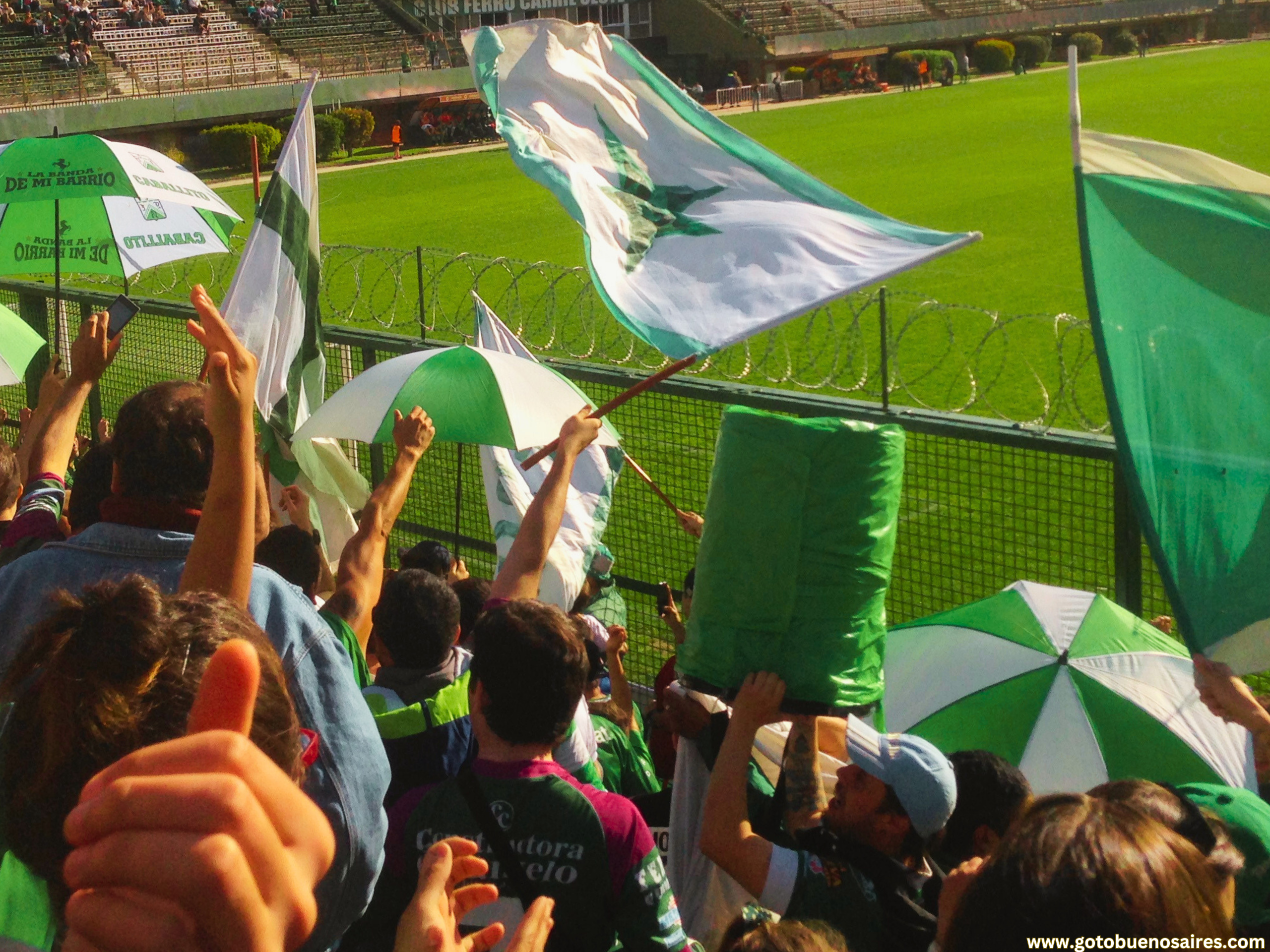 Fans at Ferro Carril Oeste waving green and white flags and umbrellas.