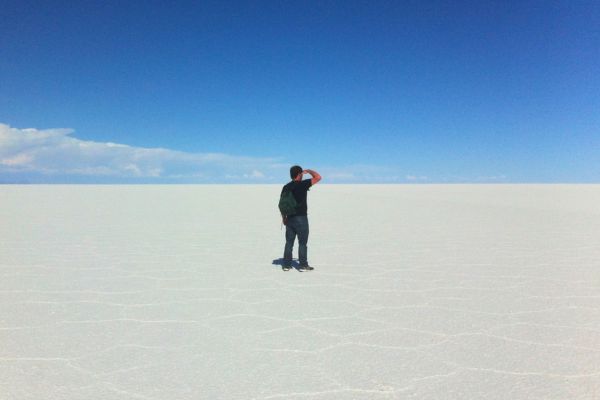 Image of person on Bolivian Salt Flats in Uyuni, Bolivia.