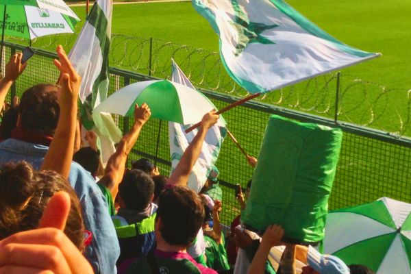 Fans at Ferro Carril Oeste waving green and white flags and umbrellas.