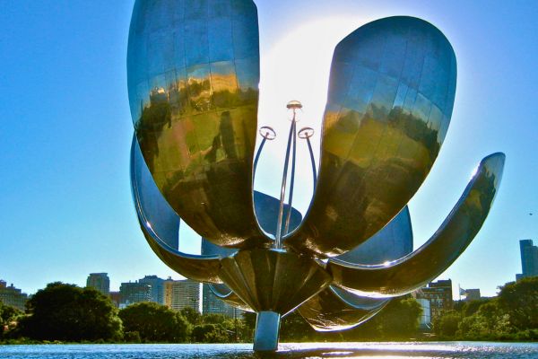 Floralis Generica in Buenos Aires with its metallic petals pointed towards the sun