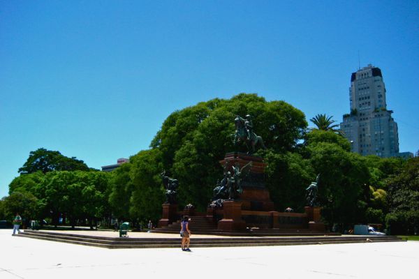 Plaza San Martín with statues of San Martín and Edificio Kavanagh overlooking, a historic square in Buenos Aires.