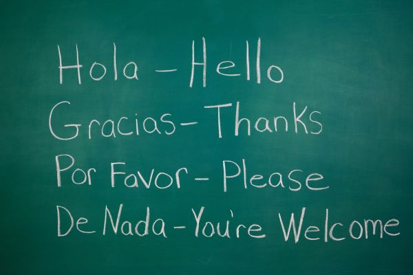 Spanish words with their English equivalent written in white chalk on green board.