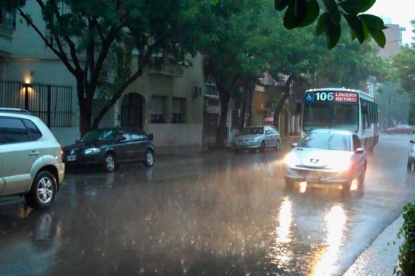 Rainy Street scene in Buenos Aires during a summer downpour