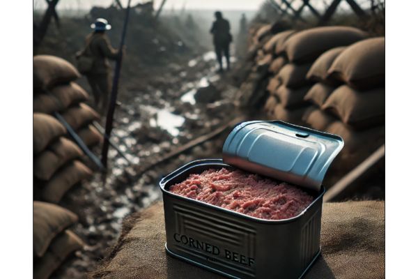 Close-up of an open tin of corned beef with a World War I battlefield in the background, featuring muddy terrain and barbed wire.