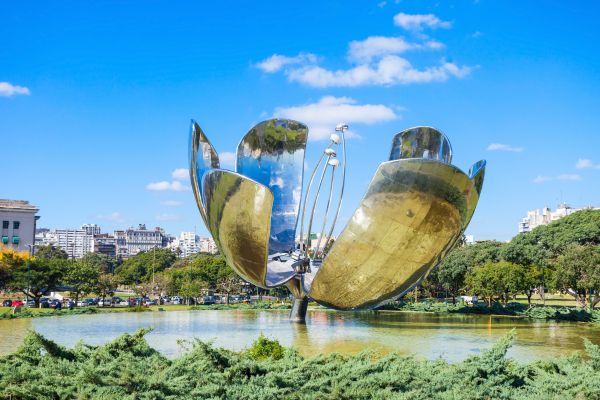 Floralis Genérica sculpture in Buenos Aires, Argentina, a large metal flower sculpture with petals that open and close.