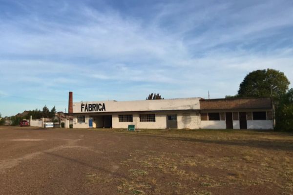 Exterior view of the entrance to the abandoned corned beef factory in Liebig, Argentina, with crumbling brick walls and a rusted gate, surrounded by overgrown vegetation.